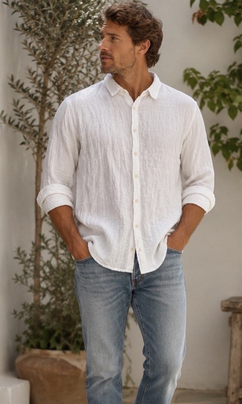 CP Shades Men Btn Dwn White Crinkle Linen Grid Windowpane Romy LS Shirt XL